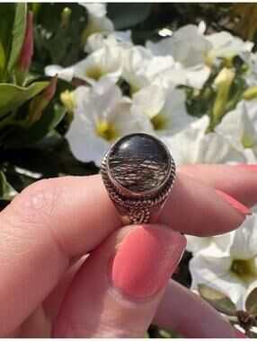 BOHO 925 Silver Black Rutilated Quartz Ring Size 7.5